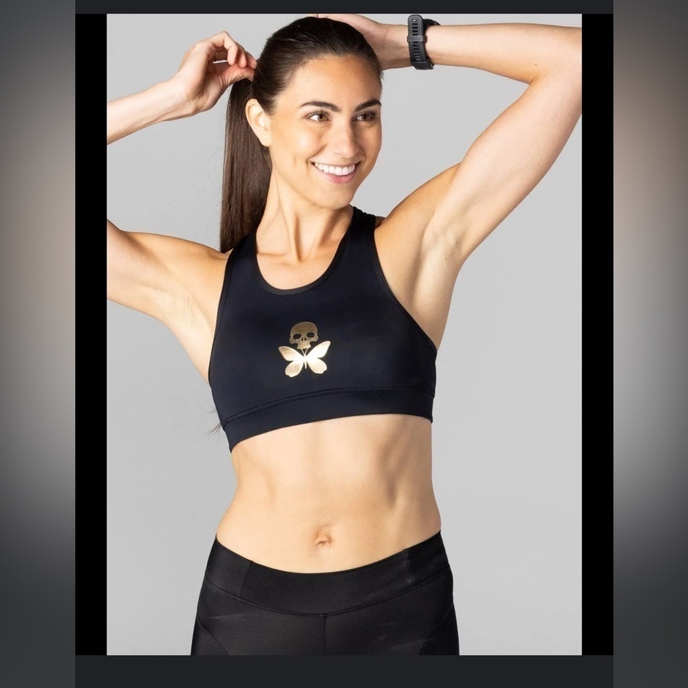 Black Sports Bra with Gold Skull and Butterfly Design